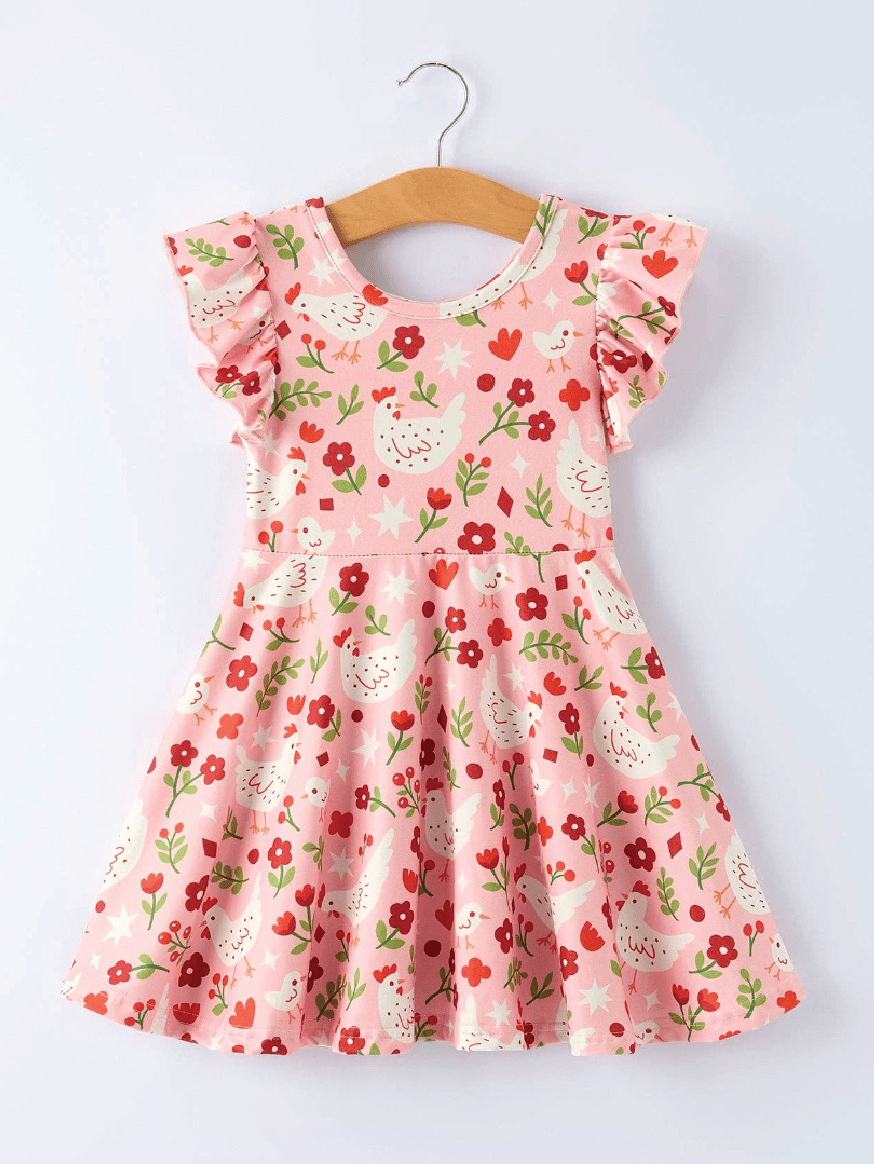 Spring Chicken Floral Farm Print Girls Dress - Foxy’s