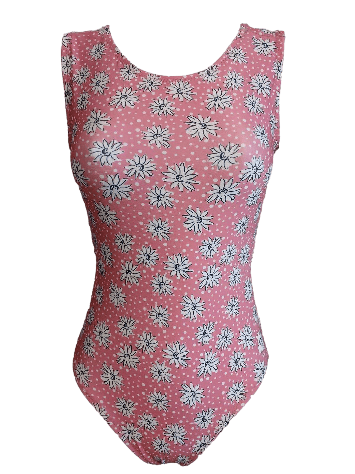 Pink floral gymnastics leotard for girls with black flower pattern on a green background