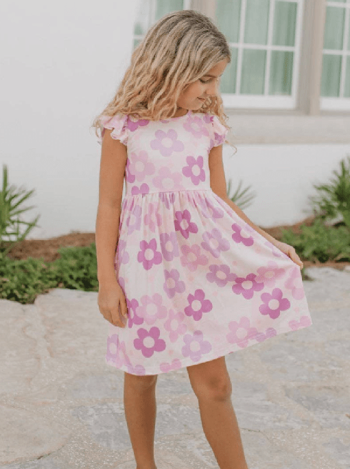 Girls Claire Lavender Retro Flower Spring Summer Twirl Dress - Foxy’s