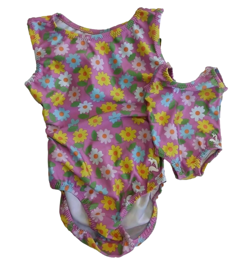 Children's tumble tot doll leotard set with a pink floral pattern on a white background