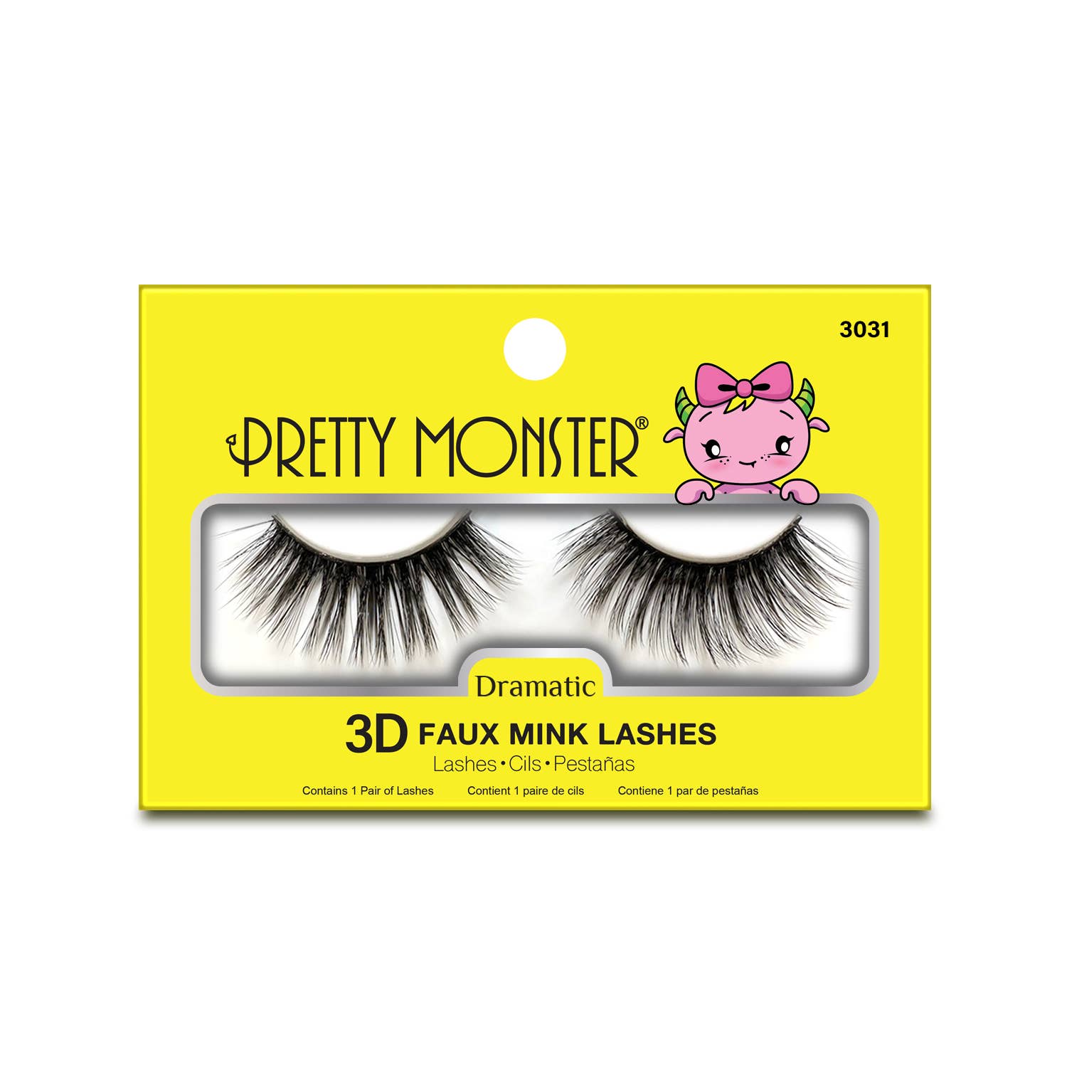 3D faux mink lashes packaging with 'Pretty Monster' branding on a yellow background