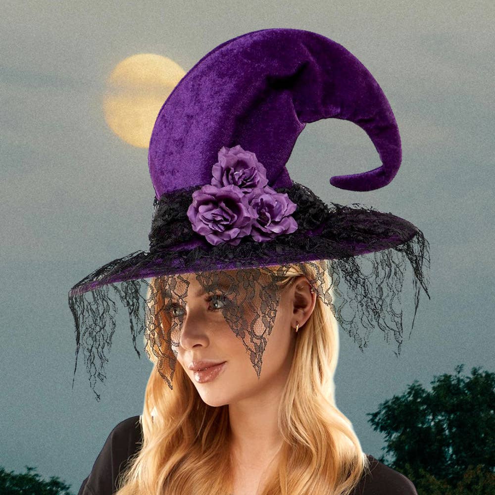 Floral Lace Trim Curved Halloween Witch Hat - Foxy’s