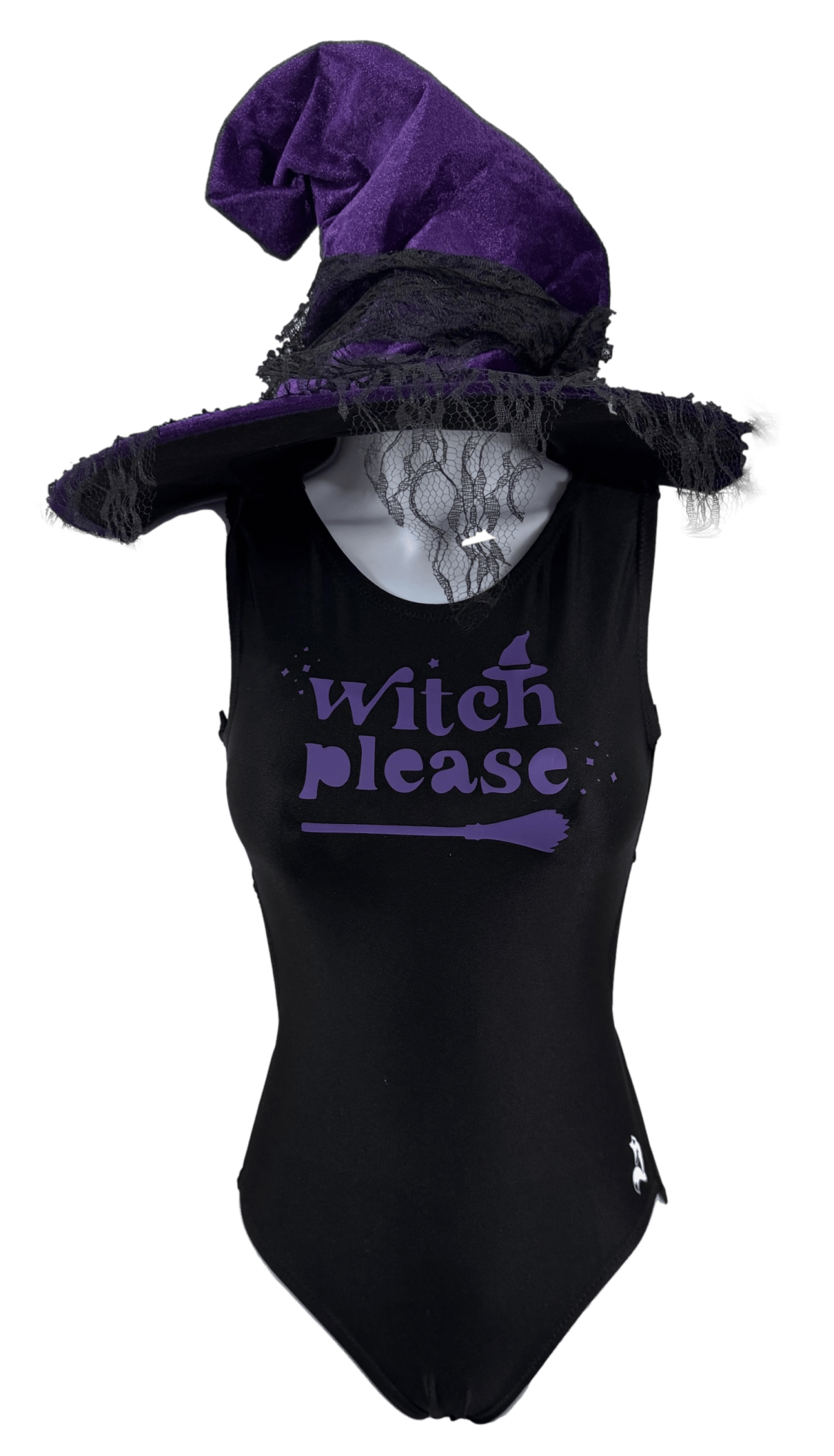 Black Halloween leotard with 'witch please' text and purple hat on a white background