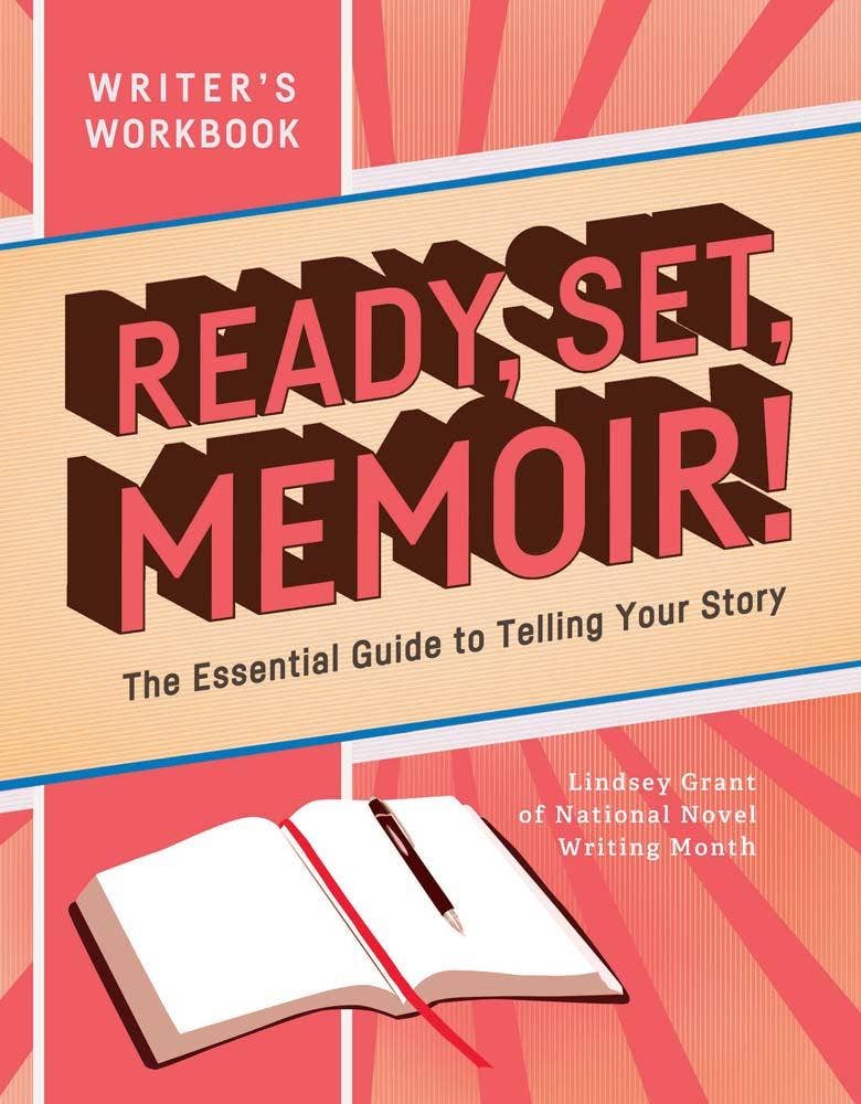 Cover of 'Ready, Set, Memoir!' workbook with a playful design featuring a red and blue background, an open book, and the title in large, bold letters.