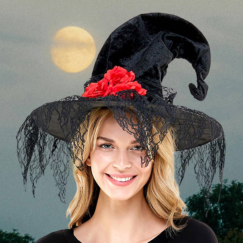 Floral Lace Trim Curved Halloween Witch Hat - Foxy’s