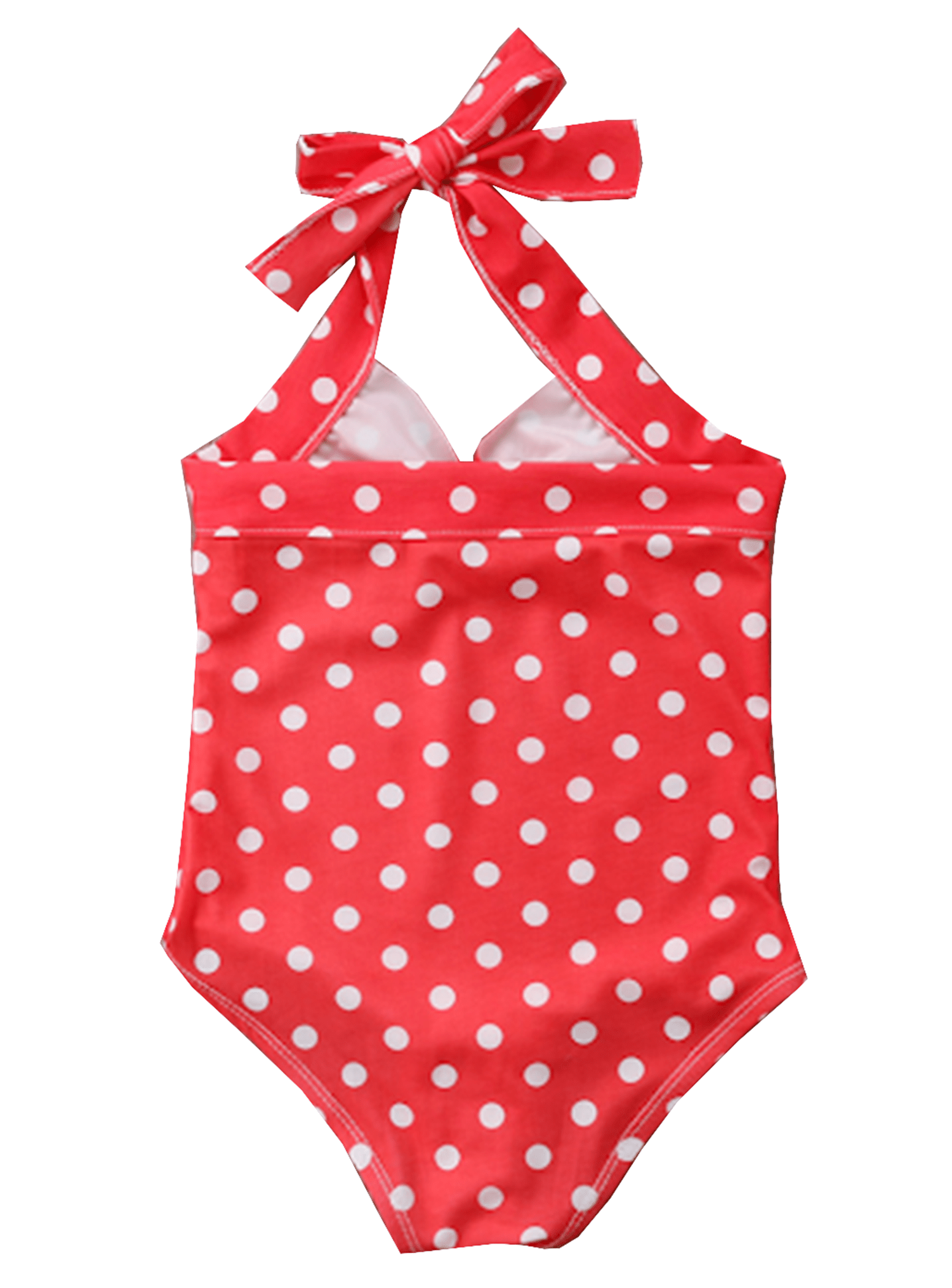Red polka dot swimsuit with a large bow on a white background