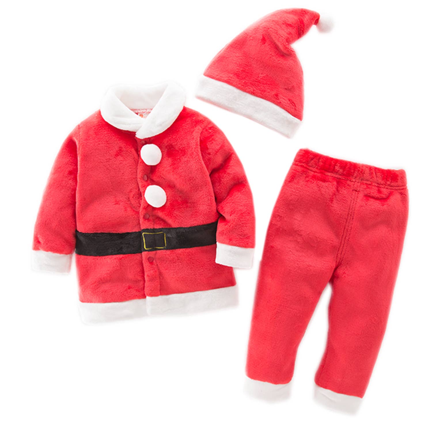 Red Santa Claus costume with jacket, pants, and hat on a white background