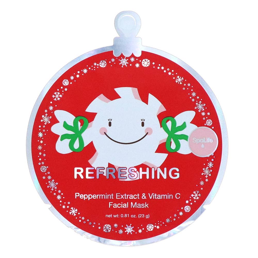 Facial mask packaging with a red background and white snowflakes, featuring a cartoon character.