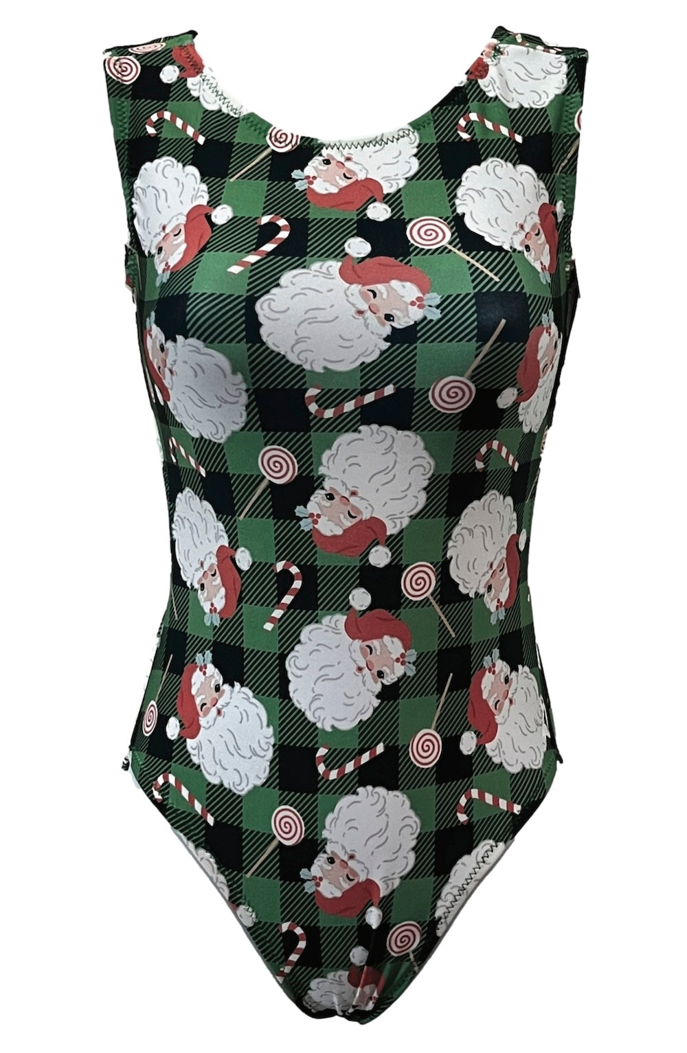 green plaid Christmas leotard with Santa Claus faces and peppermint candies