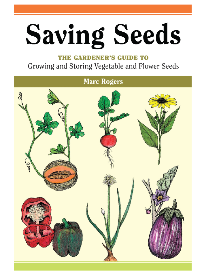 Book cover of 'Saving Seeds' with illustrations of plants and vegetables on a beige background.