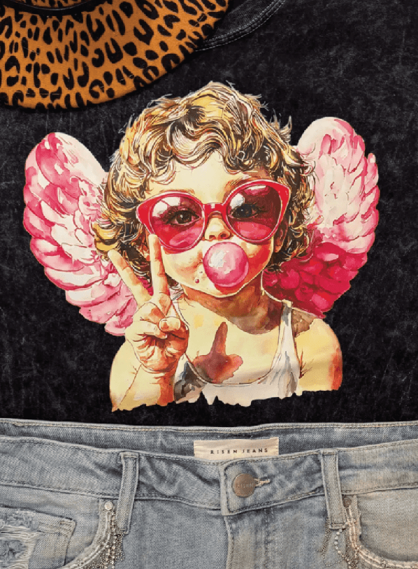 Bubble Gum Cupid Graphic Tee - Mineral Wash - Foxy's Leotards - Adult Small - Valentine's Day - Foxy’s