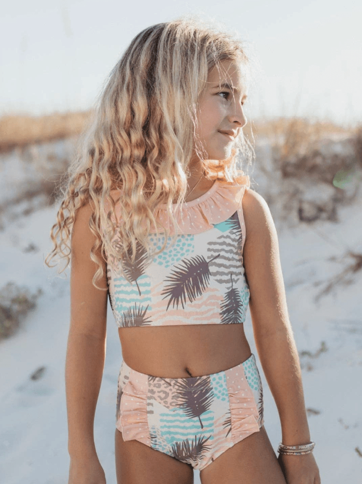 Girls Blush Palm & Leopard Print 2 - Piece Swimsuit - Ruffle Detail - Size 7 - Foxy’s