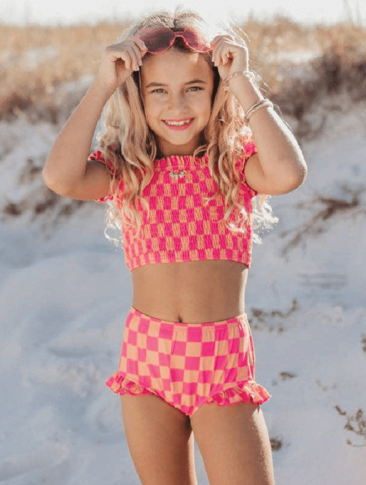 Girls' Hot Pink Tangerine Checkered Swimsuit - Size 5 - Foxy's Leotards - Foxy’s
