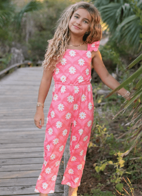 Girls Pink Amelia Daisy Flower Spring Summer Jumpsuit - Foxy’s