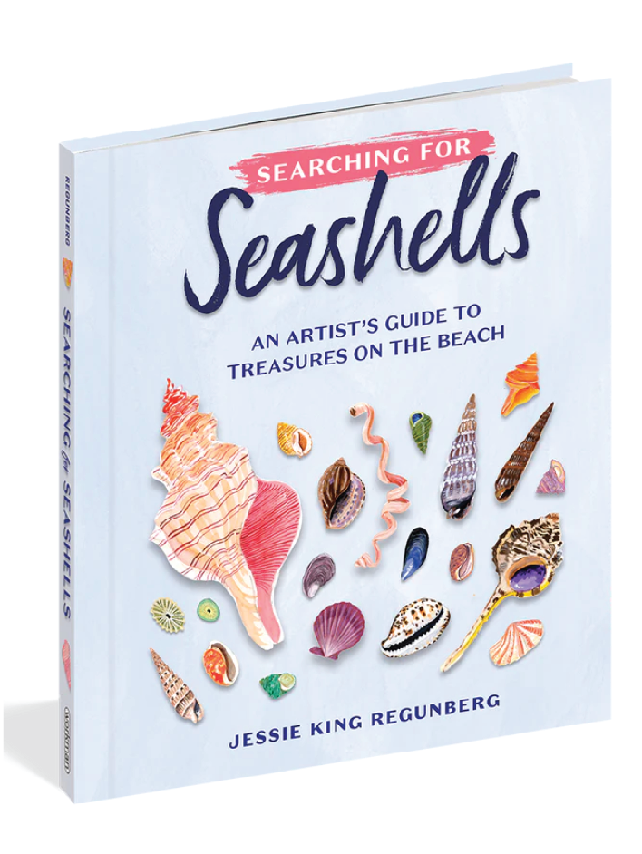 Book titled 'Searching for Seashells' with illustrations of seashells on a white background