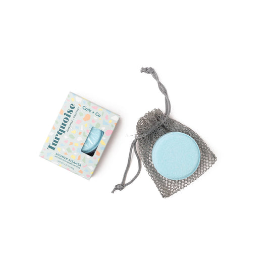 turquoise shower steamer and mesh bag