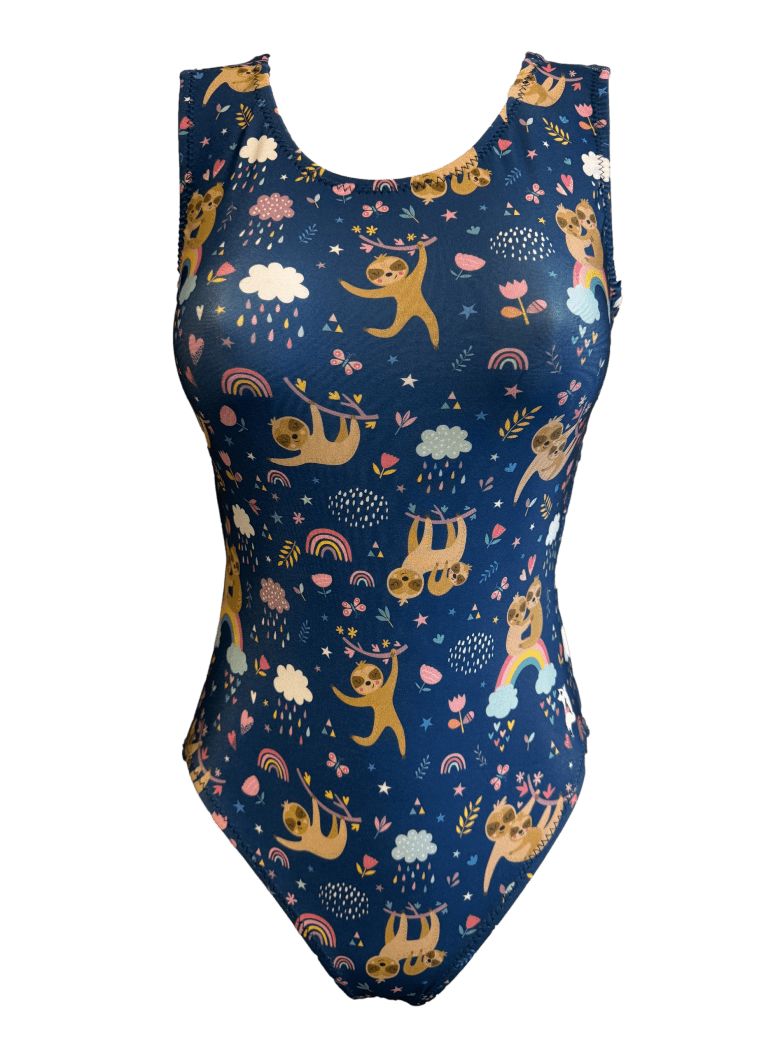 One-piece purple gymnastics leotard with sloth and rainbow pattern on a blue background