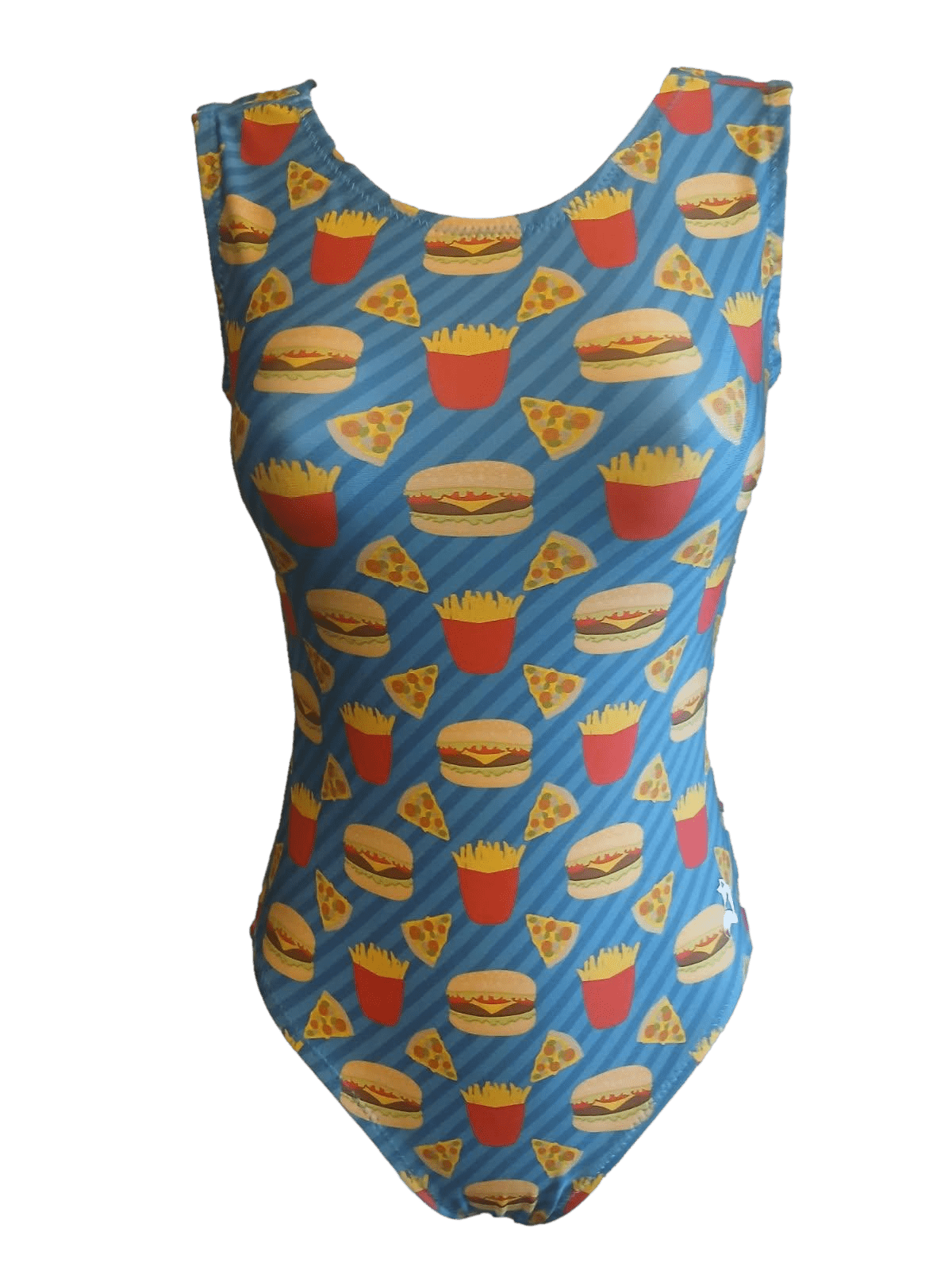 One-piece blue gymnastics leotard for girls by foxys leos with a fun fast food pattern with burgers fries and pizza