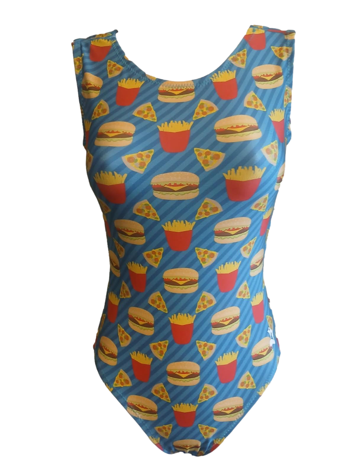 hamburgers, pizza, and fries leotard with blue background