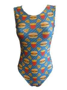 hamburgers, pizza, and fries leotard with blue background
