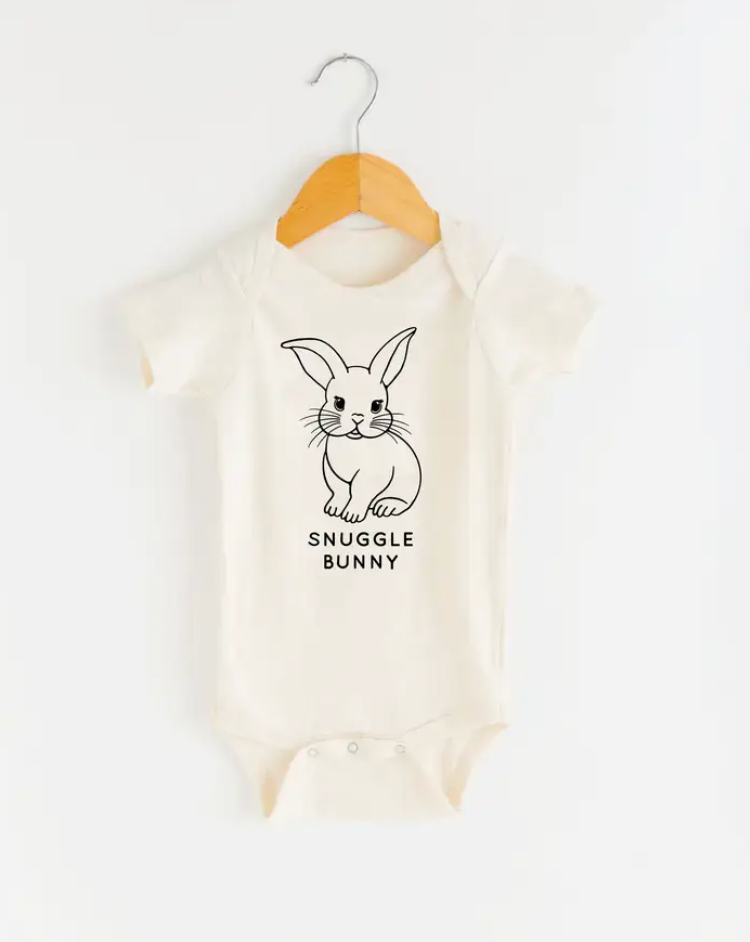 cream snuggle bunny onesie for baby with a cute little bunny outlines in black