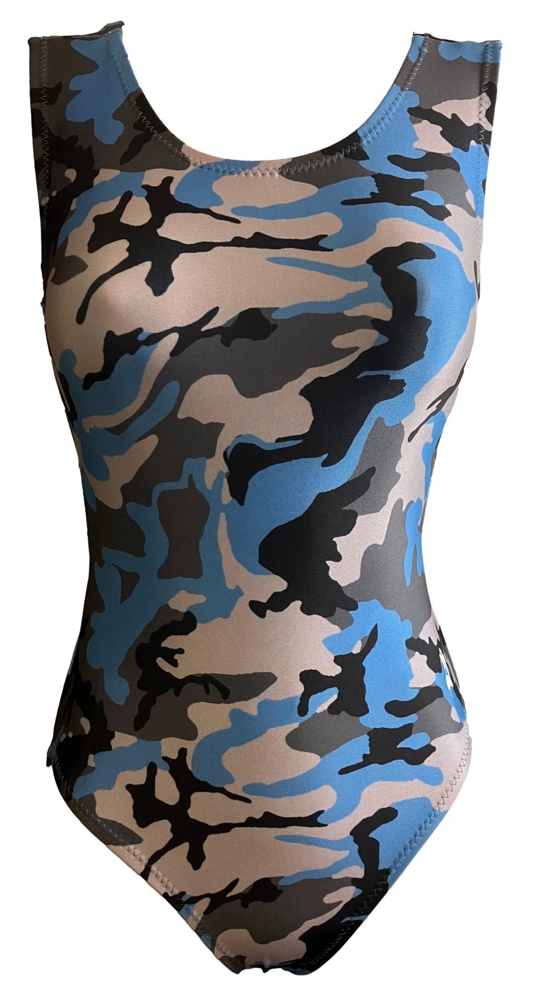 Camouflage-patterned gymanstics leotard in blue gray and black by Foxys 