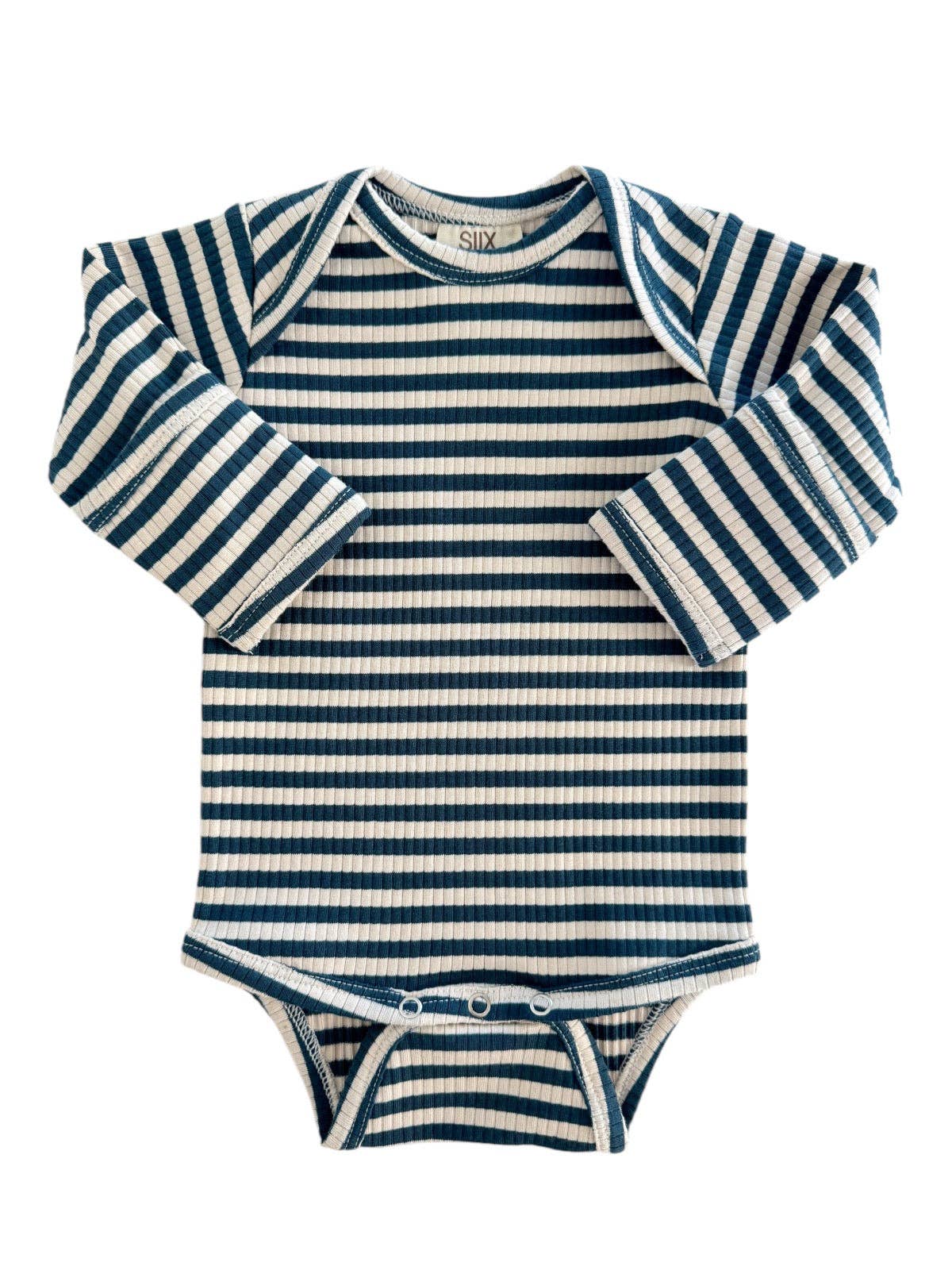 Blue and white striped baby bodysuit on a white background