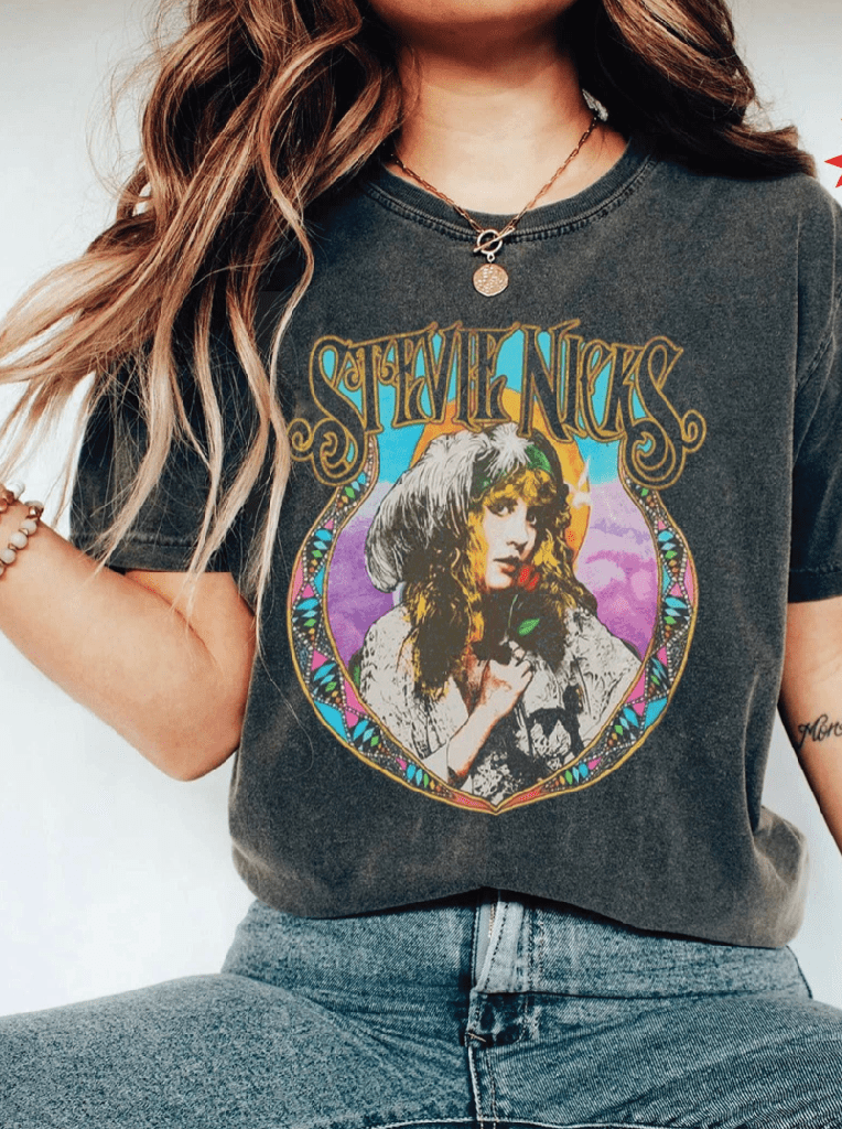 Person wearing a t-shirt with Stevie Nicks graphic design