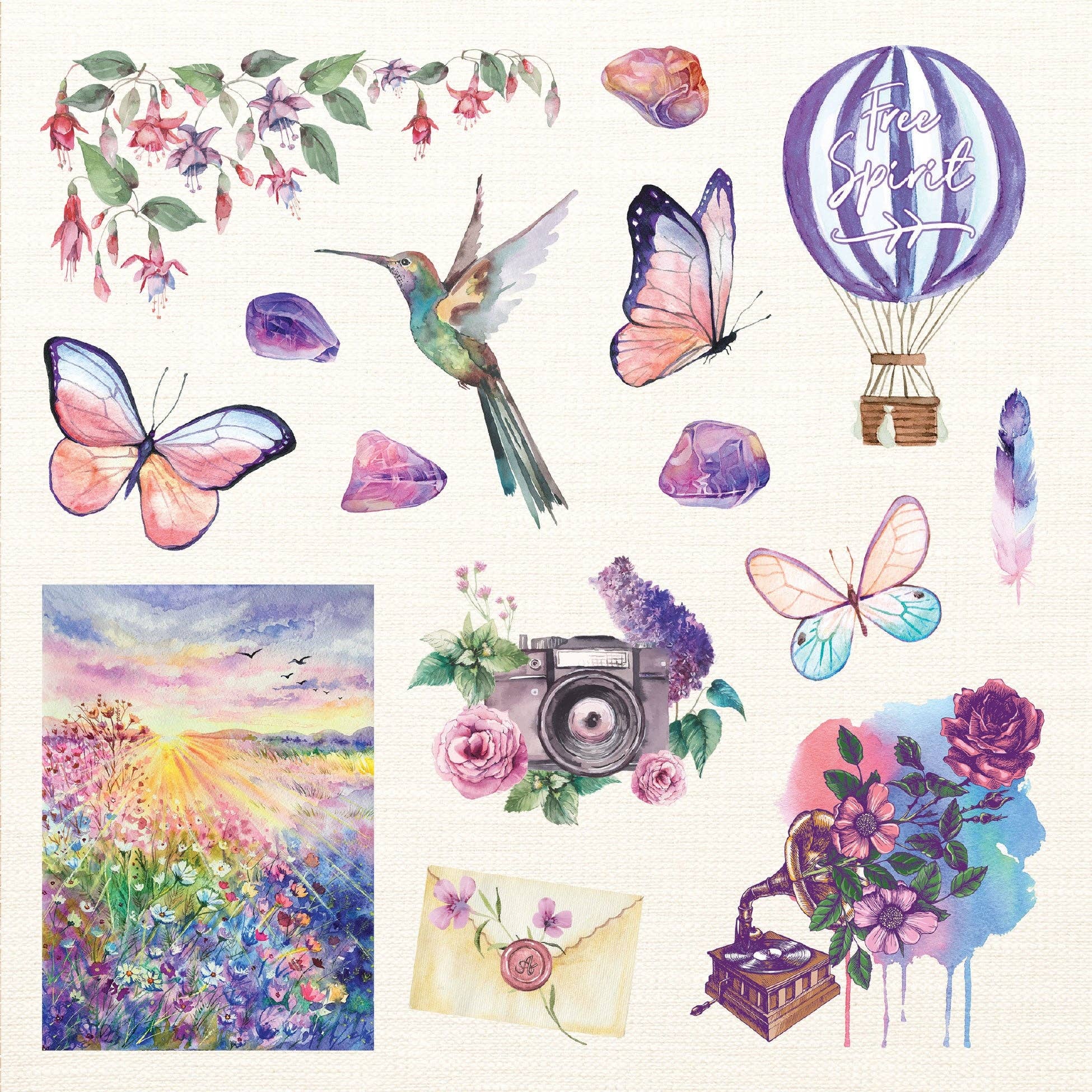 Collage of colorful illustrations including butterflies, flowers, a camera, and a hot air balloon on a white background.