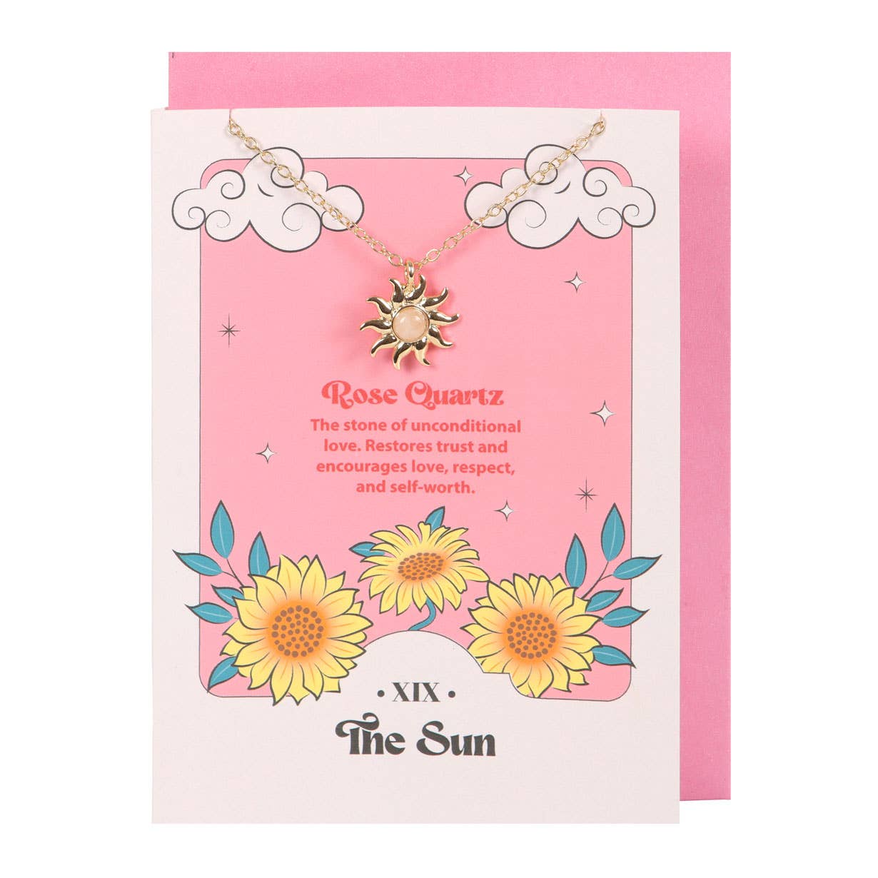 The Sun Celestial Rose Quartz Necklace Greeting Card - Foxy’s