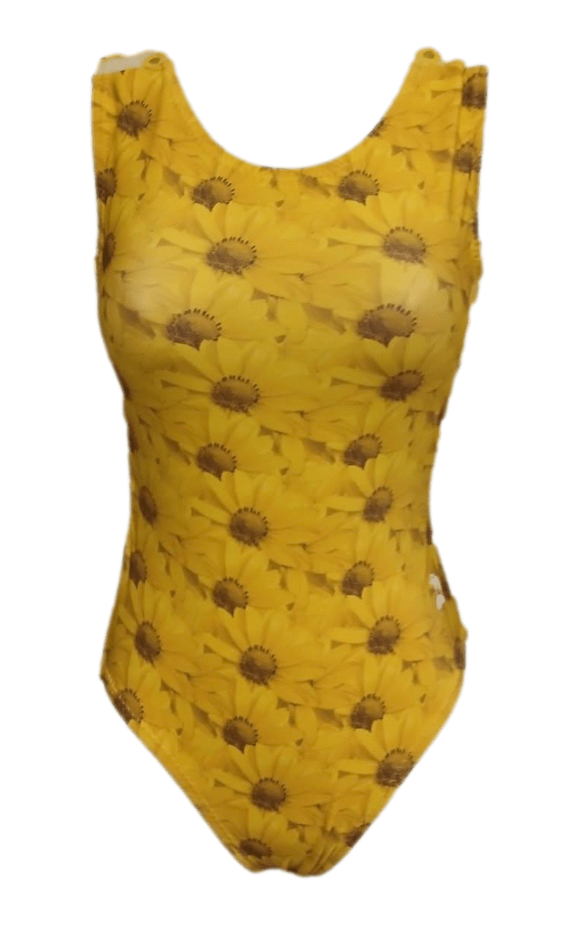 Yellow gymnastics suit with sunflower pattern on a white background