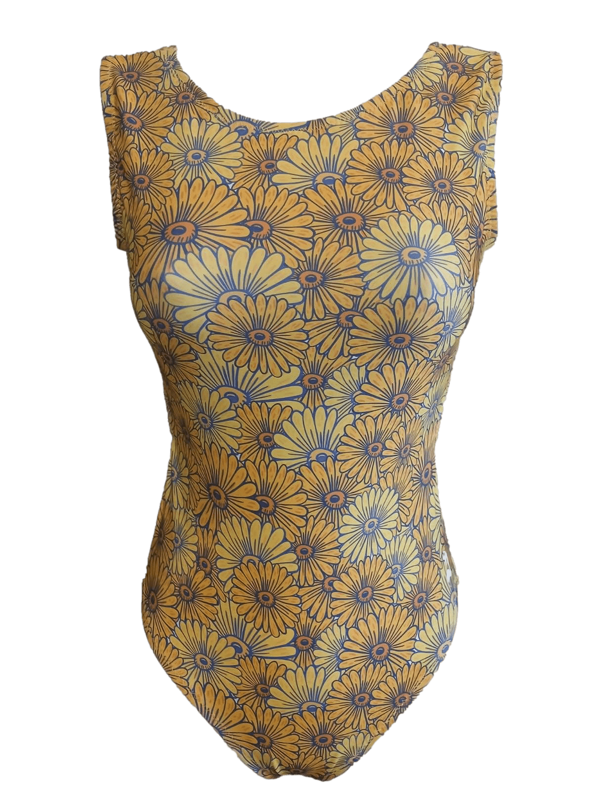 Yellow sunflower gymnastics leotard for girls  with floral pattern on a white background