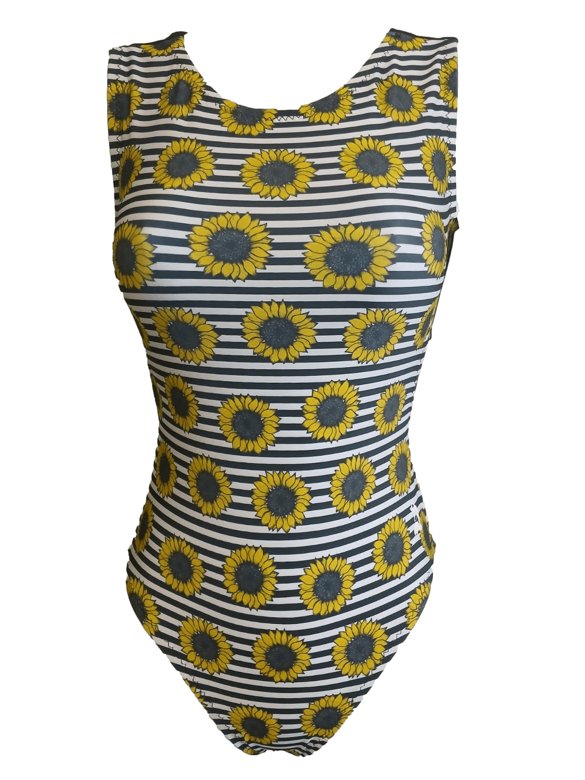 One-piece black and white striped gymnastics leotard with yellow sunflower sand stripe pattern on a white background