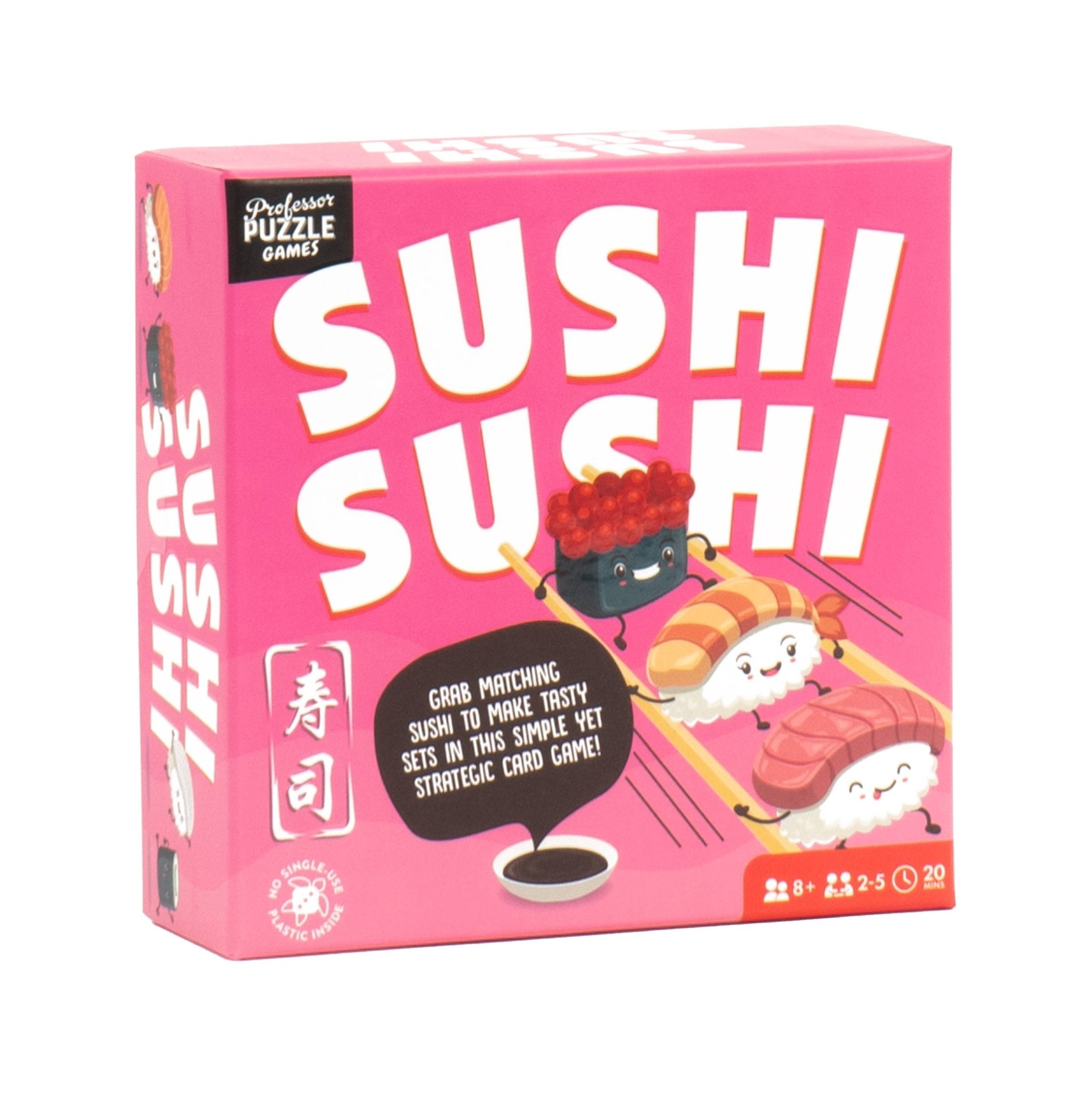 Sushi-themed card game box with cartoon sushi characters on a pink background