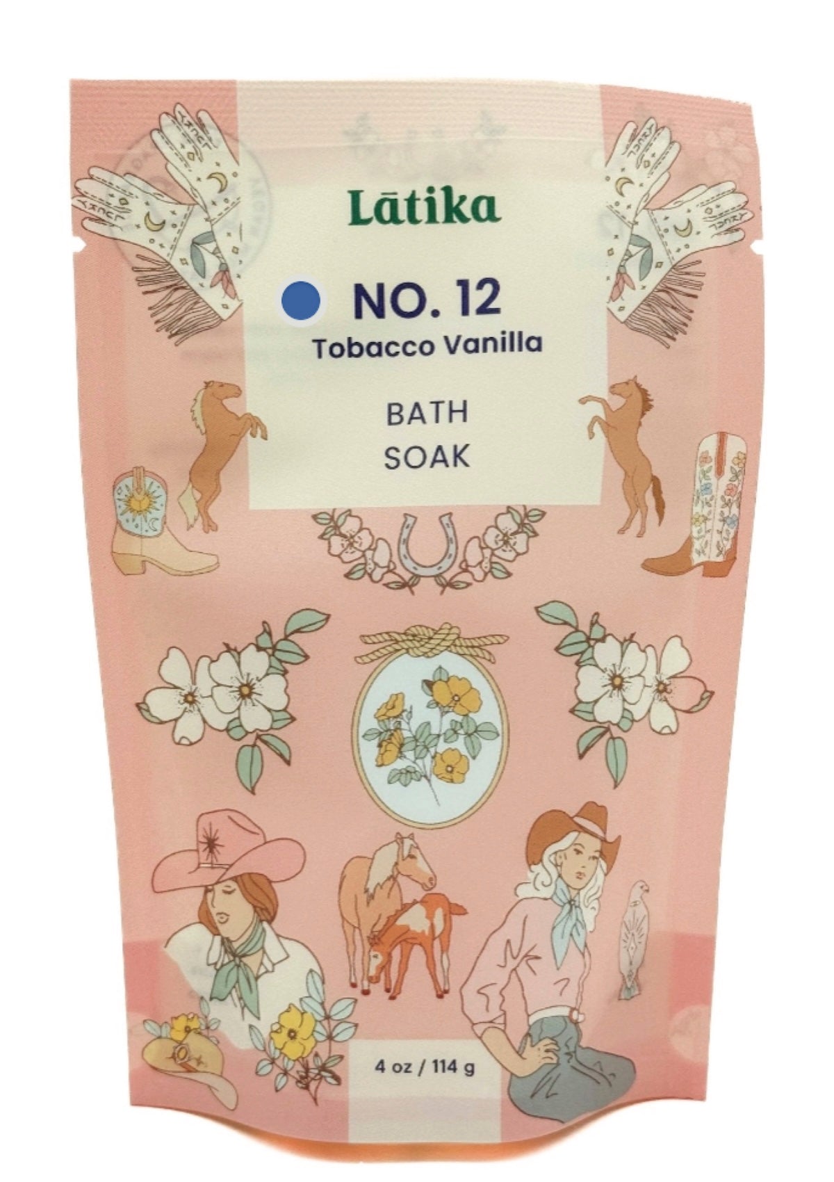 Lätika No. 12 Tobacco Vanilla bath soak packaging with illustrations on a pink background