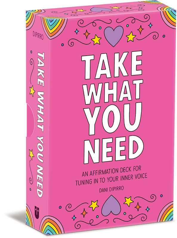 Pink box of 'Take What You Need' affirmation deck with colorful designs