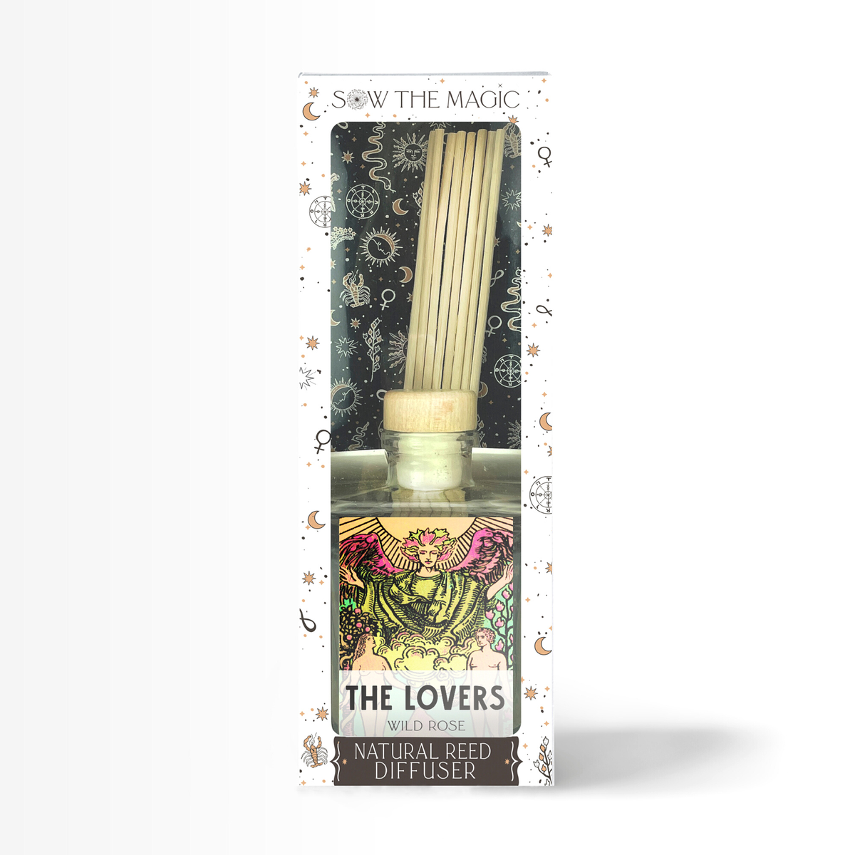 Diffuser packaging labeled 'The Lovers' with decorative elements on a white background