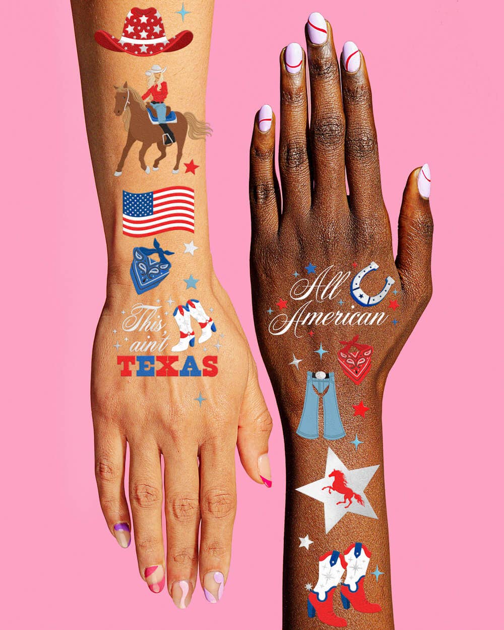 Two hands with temporary tattoos on a pink background