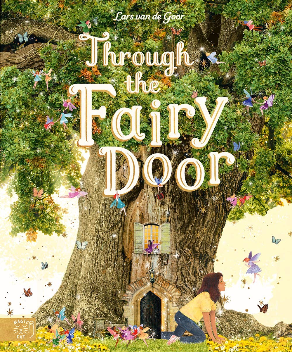 "Through the Fairy Door" children's book cover: girl near a tree with a fairy door and window.
