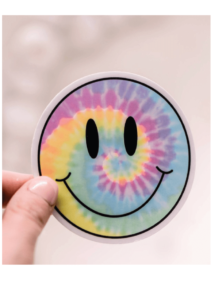 Groovy Tie Dye Smiley Face Vinyl Sticker – Waterproof & Durable 3x3in Decal for Laptops, Water Bottles & More! ✨ - Foxy’s