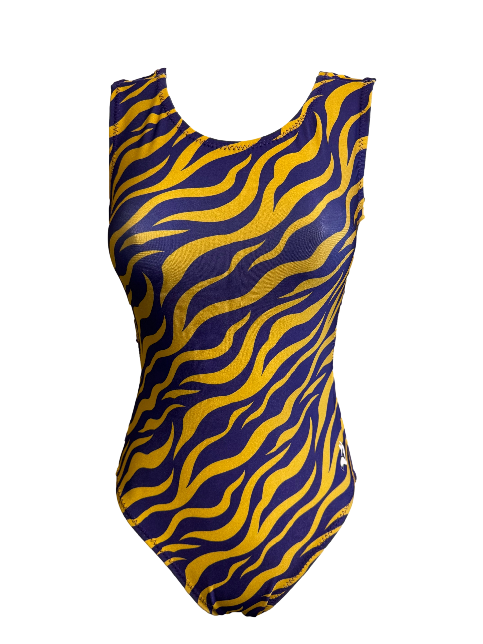 purple and yellow tiger striped leotard