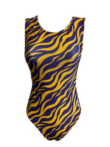 purple and yellow tiger striped leotard