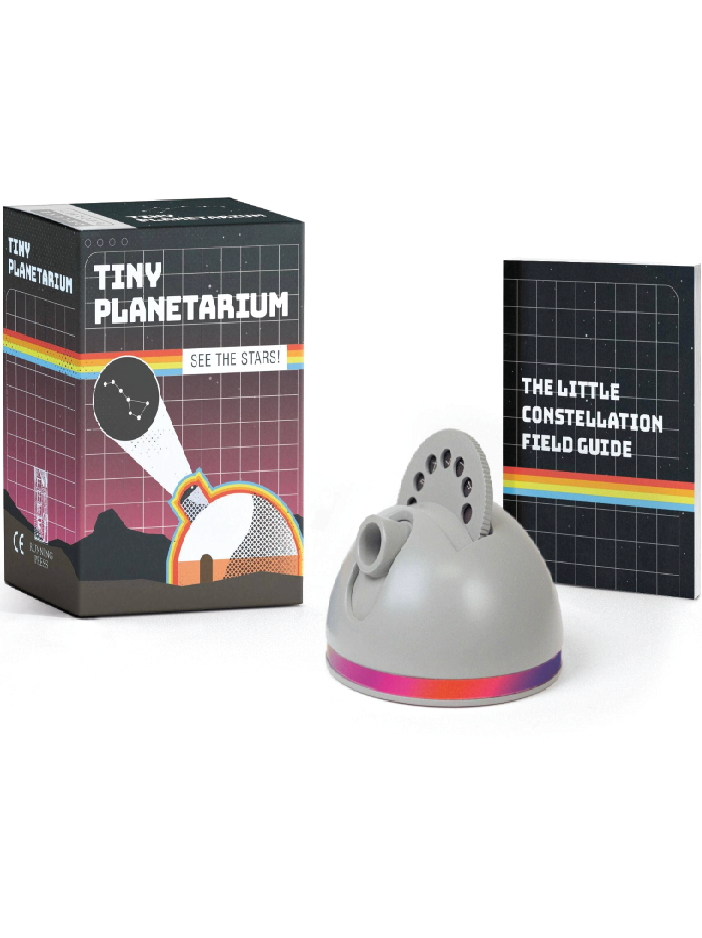 Gray 'Tiny Planetarium' with packaging and constellation guide on a white background