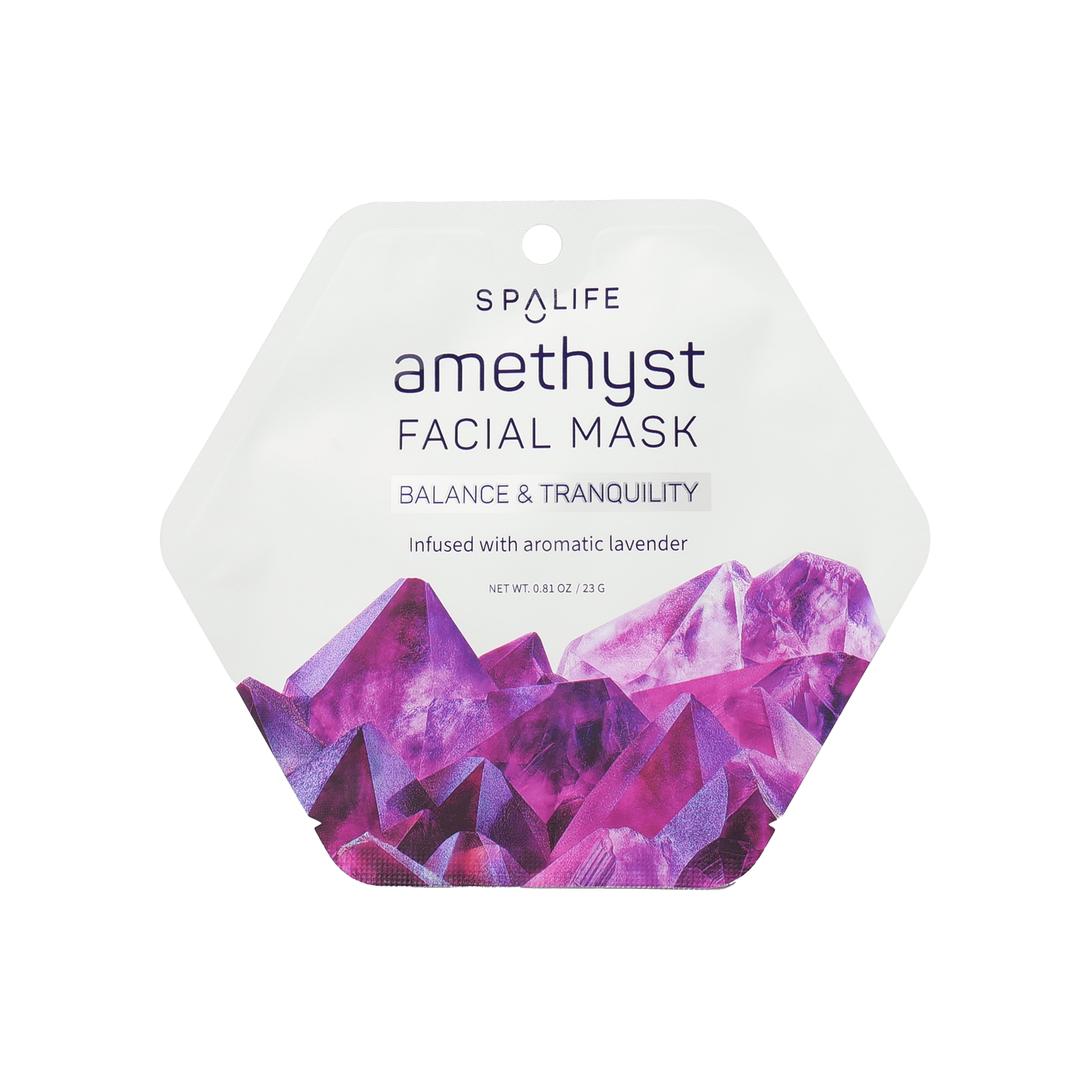 SpaLife amethyst facial mask packaging with purple crystals on a white background