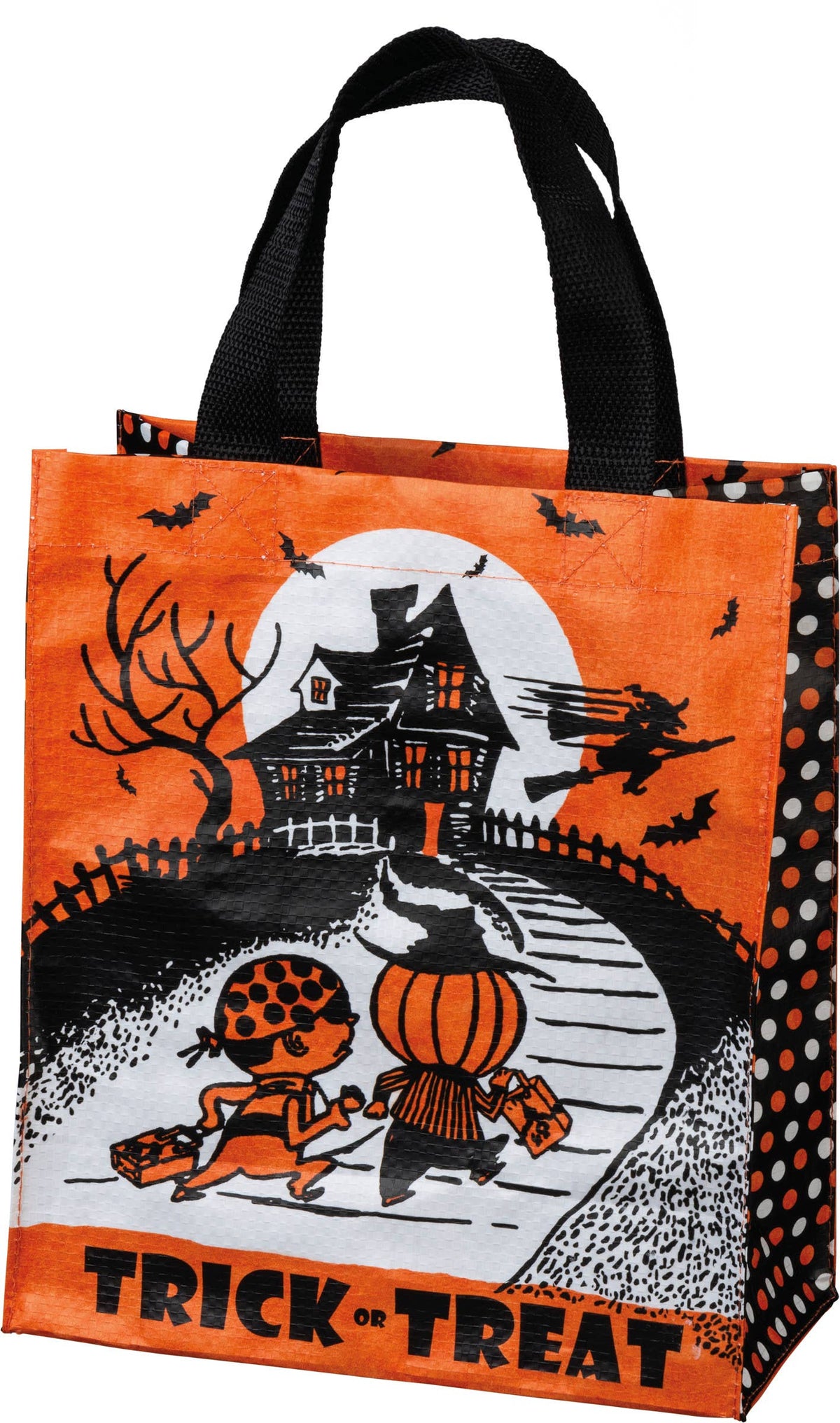 Halloween-themed tote bag with a haunted house and trick-or-treating children design.