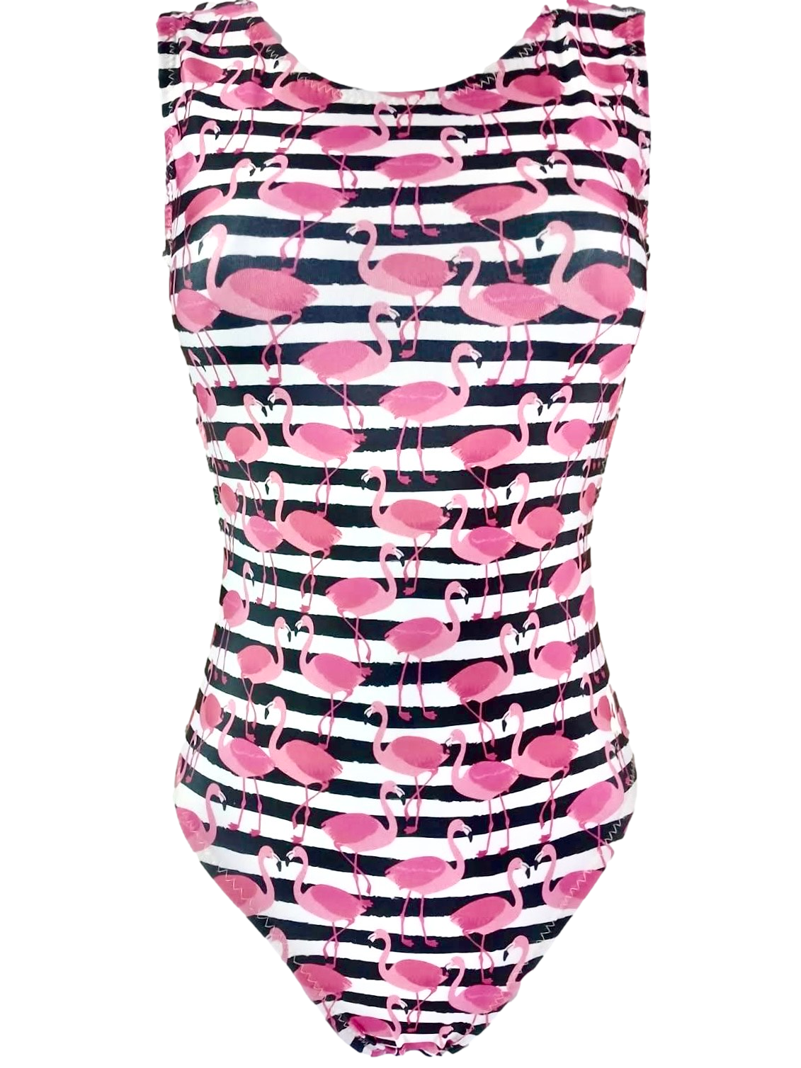 black and white stripe leotard with bright pink flamingos all over the print