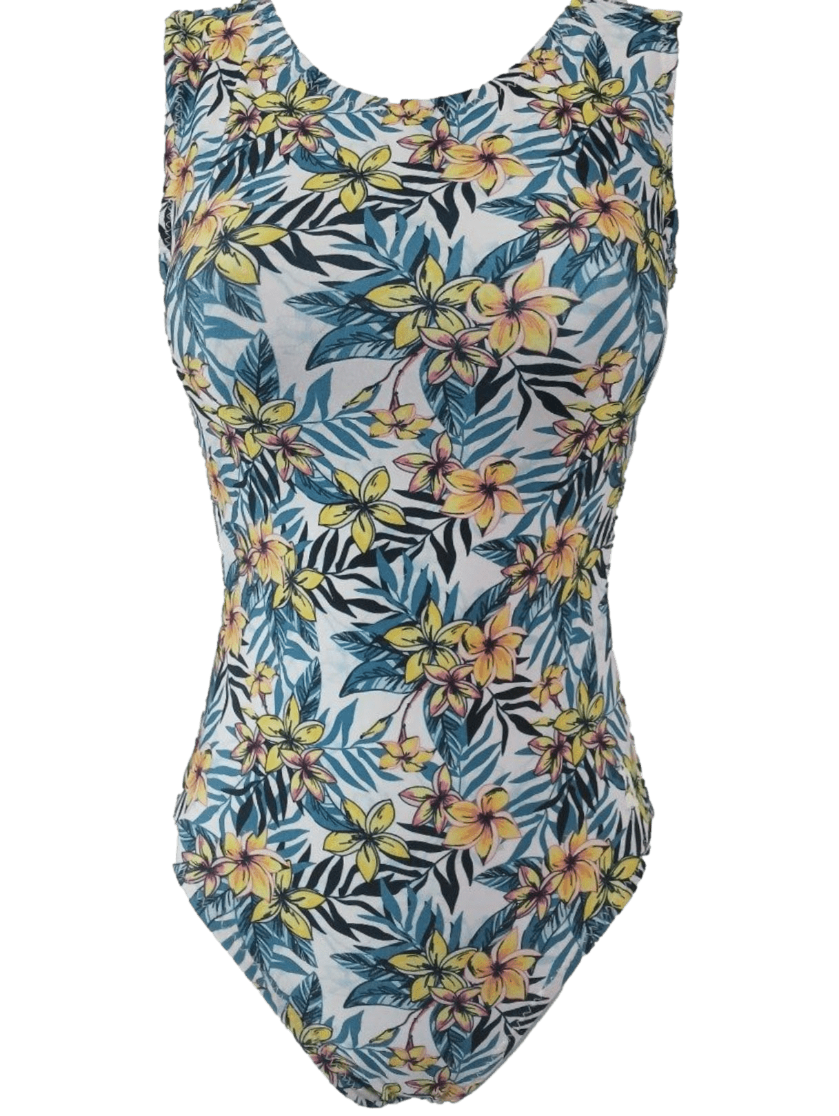 Floral patterned gymnastics leoard with palms and yellow flowers on a white background for grls gymnastics