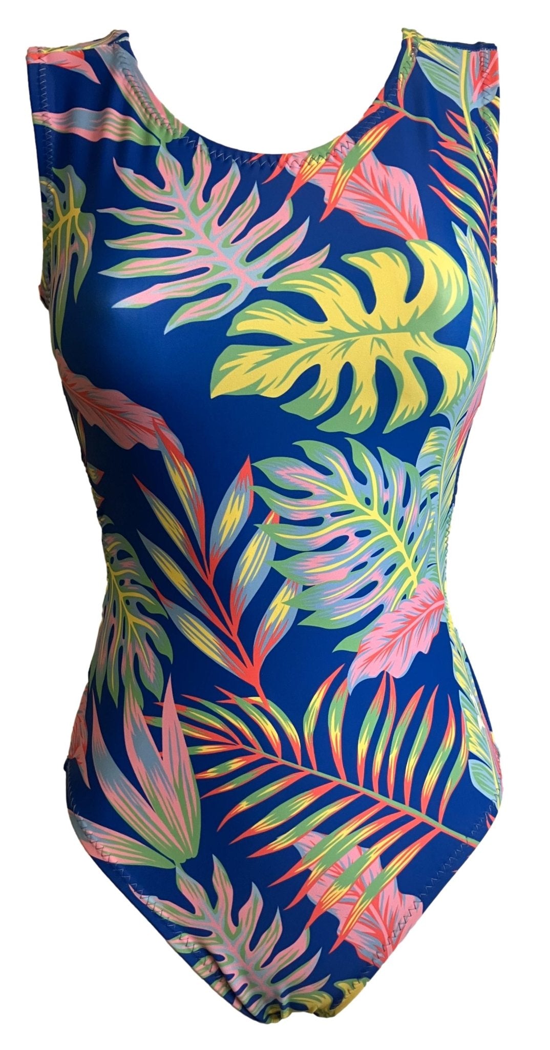 One-piece tropical leaf pattern leotard for girls on a blue background