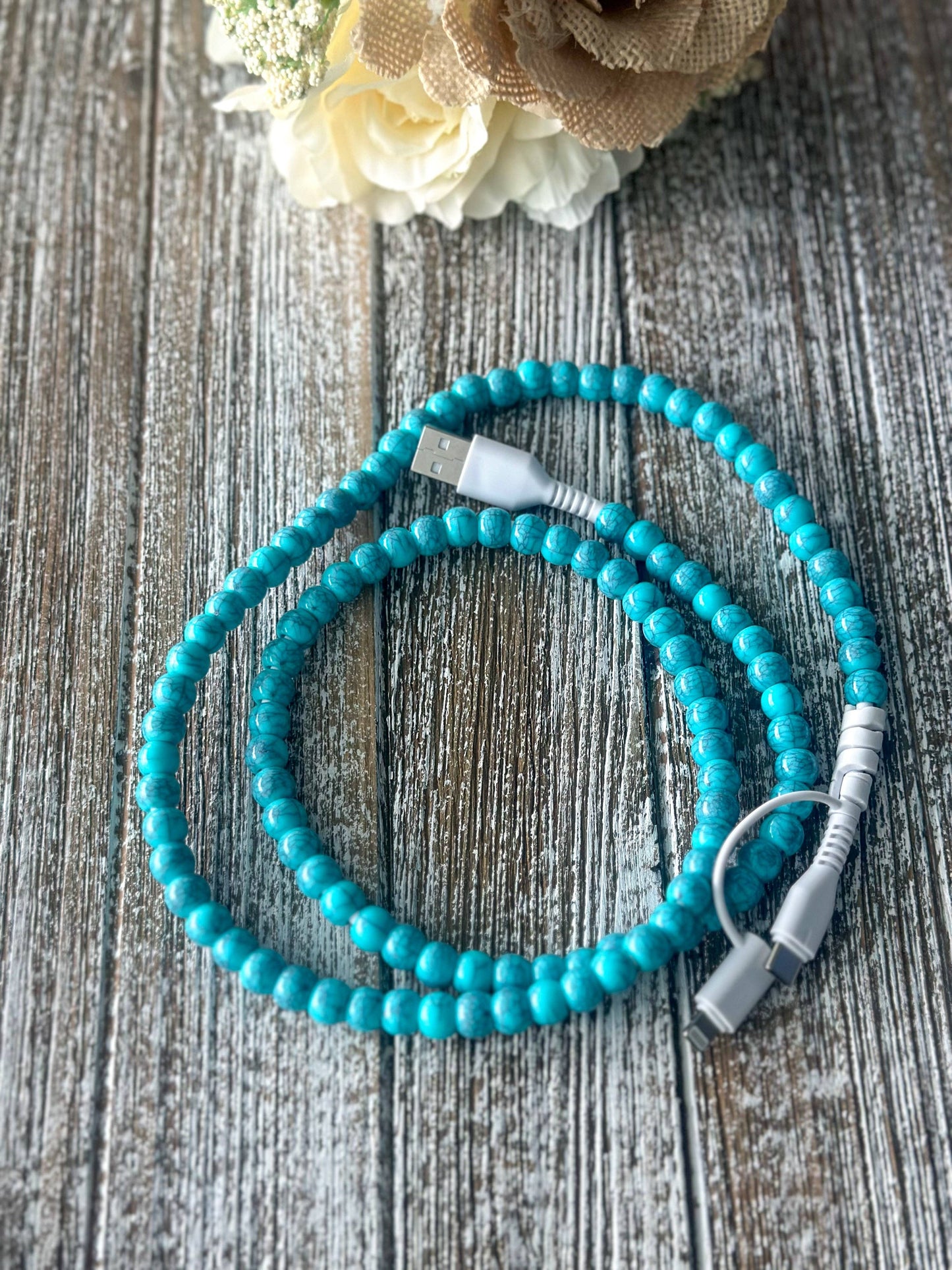 turquoise beaded cell phone charger