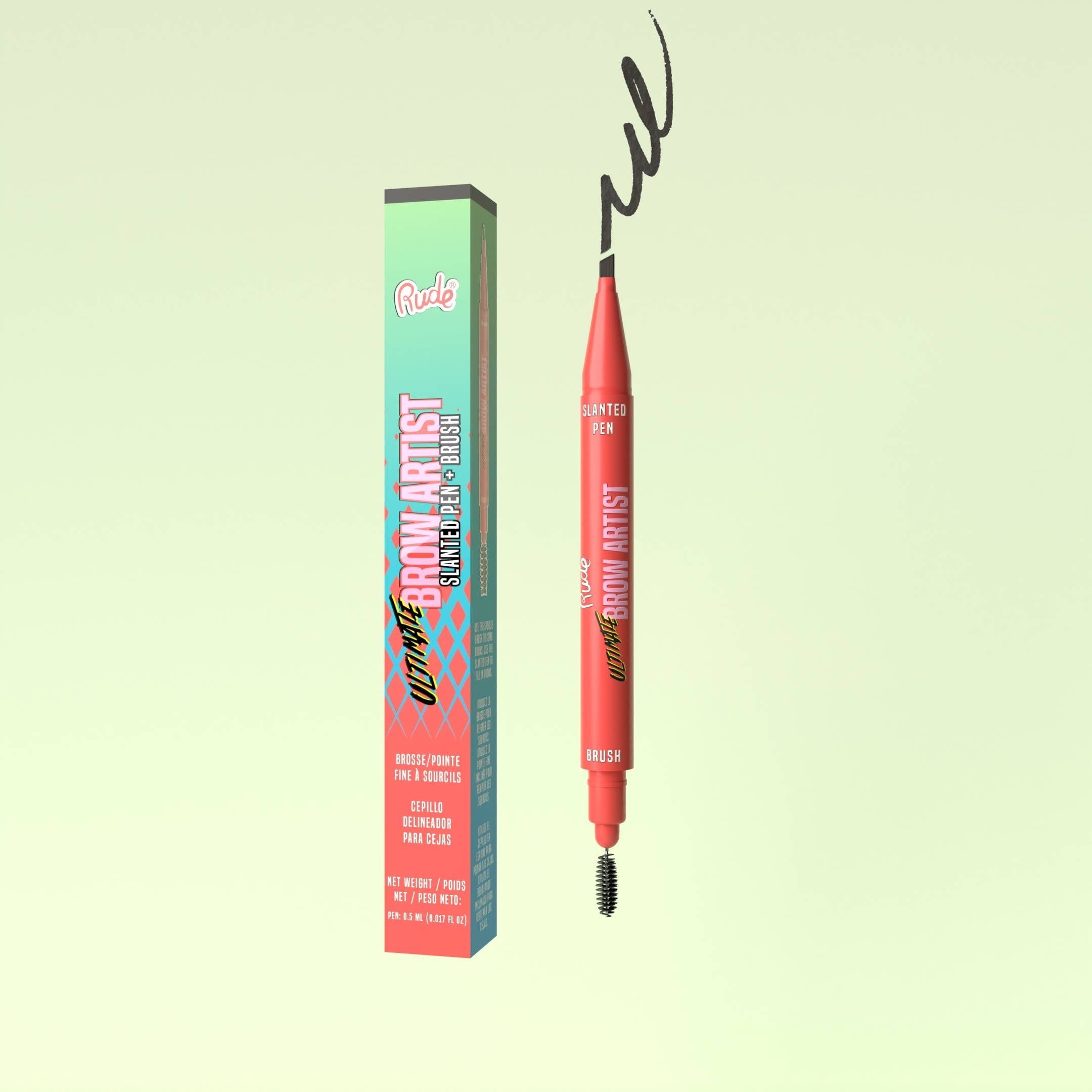 Red brow artist pen with packaging on a light green background